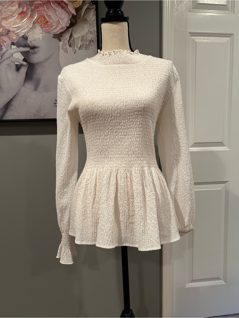 Vici White Smocked Peplum Long-Sleeve Blouse
